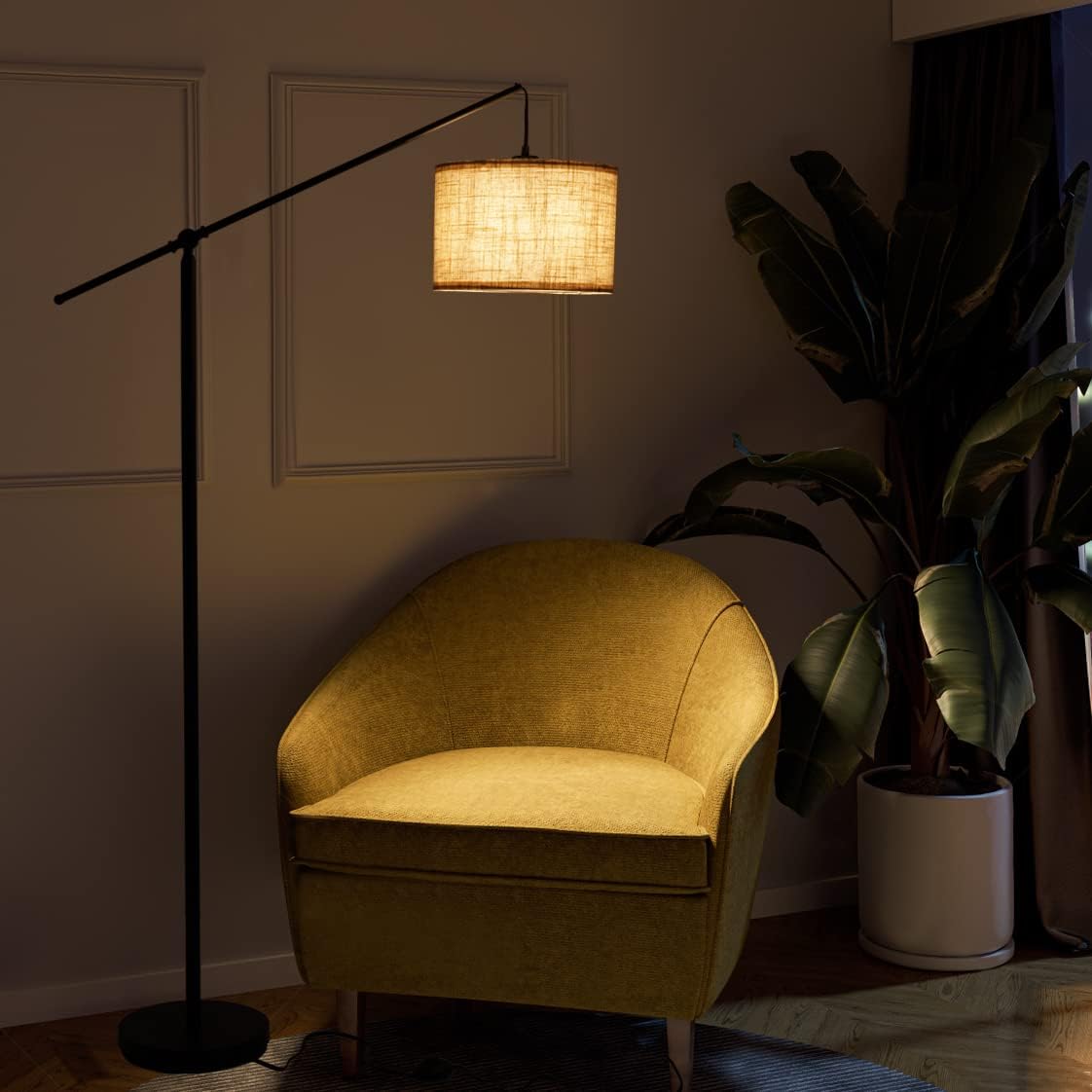 Arc Floor Lamp with Linen Drum Shade C390077