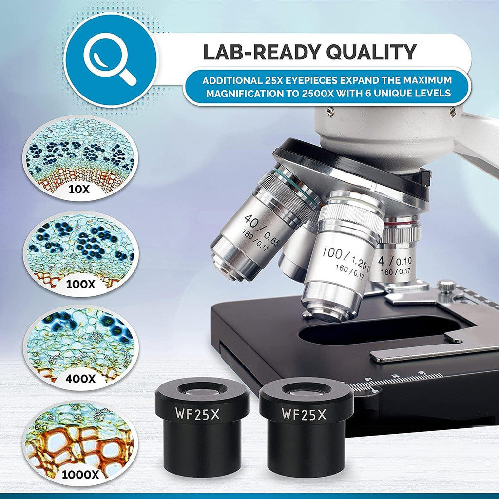 Binocular Compound Microscope, 40X-2500X Magnification, LED Illumination, Abbe Condenser, Two-Layer Mechanical Stage, 1.3MP Camera H460
