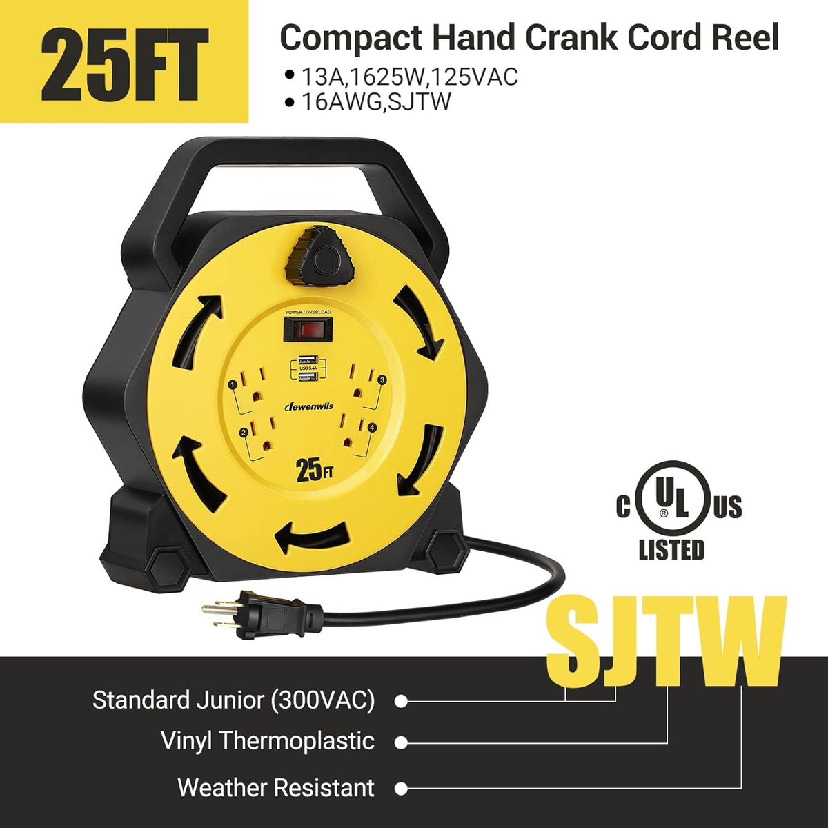 25FT Retractable Extension Cord Reel with 4 Outlets and 2 USB Ports T609