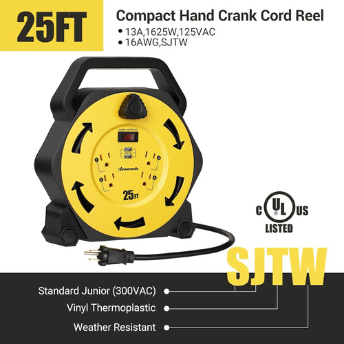 25FT Retractable Extension Cord Reel with 4 Outlets and 2 USB Ports T609