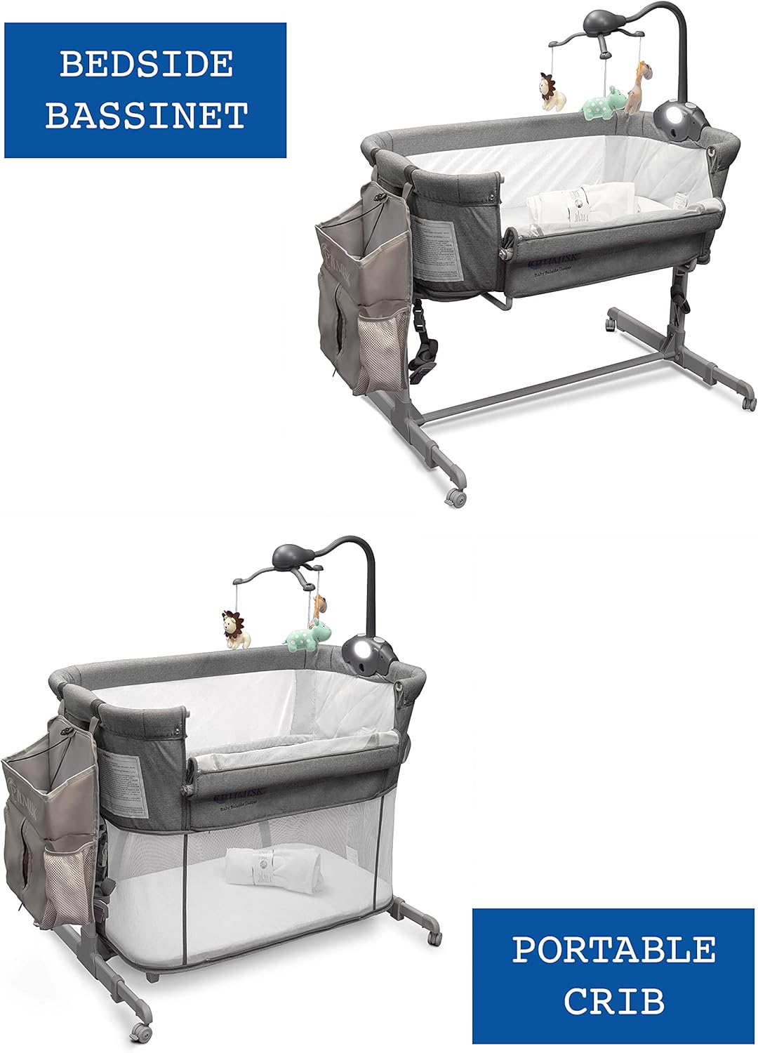 4in1 Bedside Bassinet with Diaper Caddy, 5 Sheets, Mobile, and 4 Spinner Wheels R603618