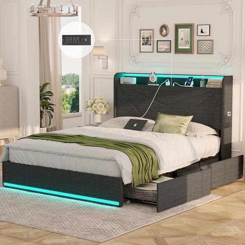 Queen Bed Frame with Storage Drawers and Charging Station, Upholstered Platform Bed Frame with LED Light and Type-C & USB Ports T832