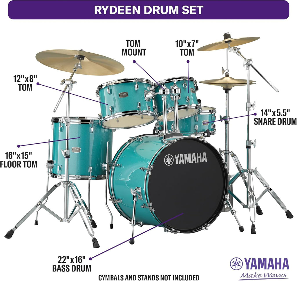 5-Piece Drum Set with 22" Bass Drum, Floor Tom, 2 Toms, Wood Snare Drum, Turquoise Glitter T741