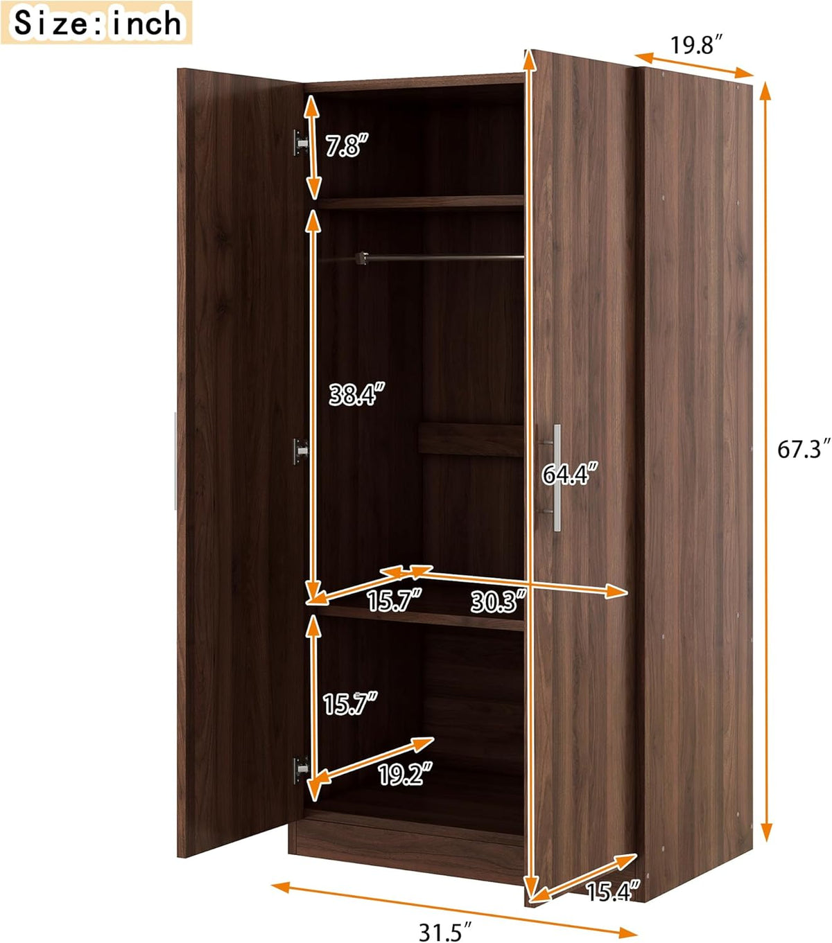 2-Door Wooden Wardrobe Armoire with 3 Storage Shelves U9548