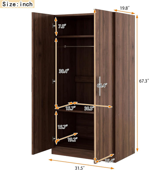2-Door Wooden Wardrobe Armoire with 3 Storage Shelves U9548