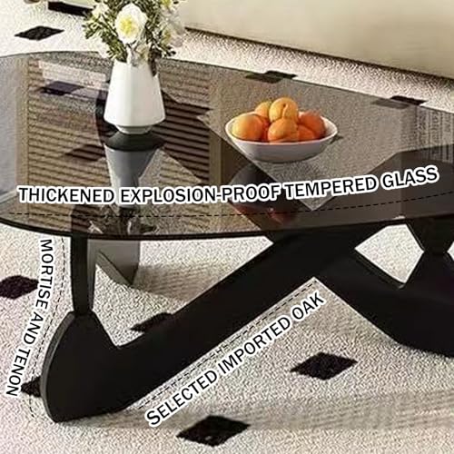 Black-Transparent Glass Coffee Table with Solid Wood Base F909
