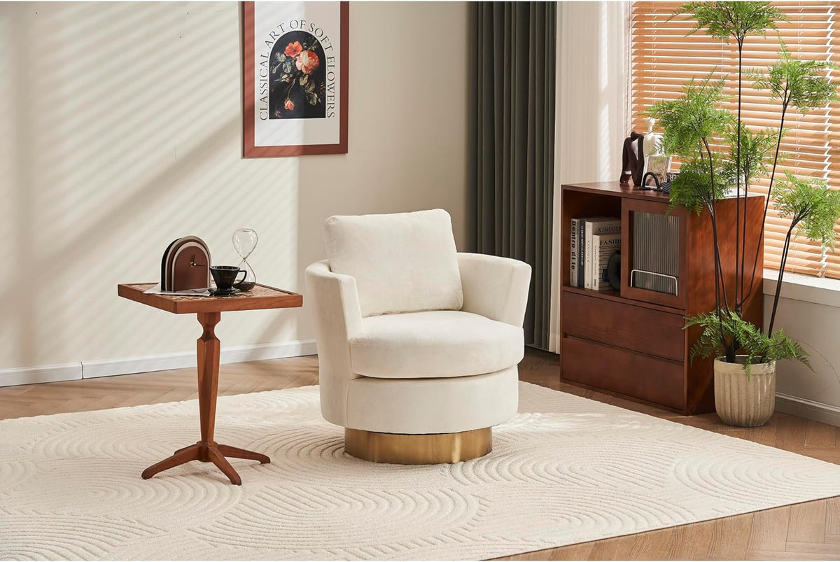 Beige Velvet Swivel Barrel Chair with Gold Stainless Steel Base Y20248