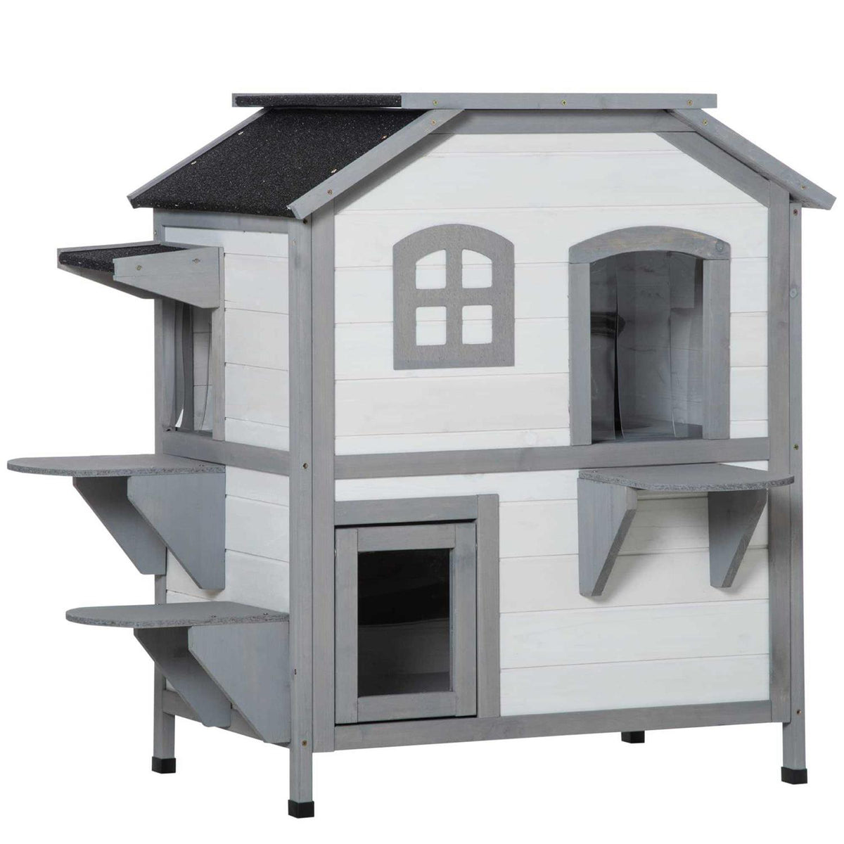 Wooden 2-Story Outdoor Cat House with Escape Door and Openable Roof Platforms F8894