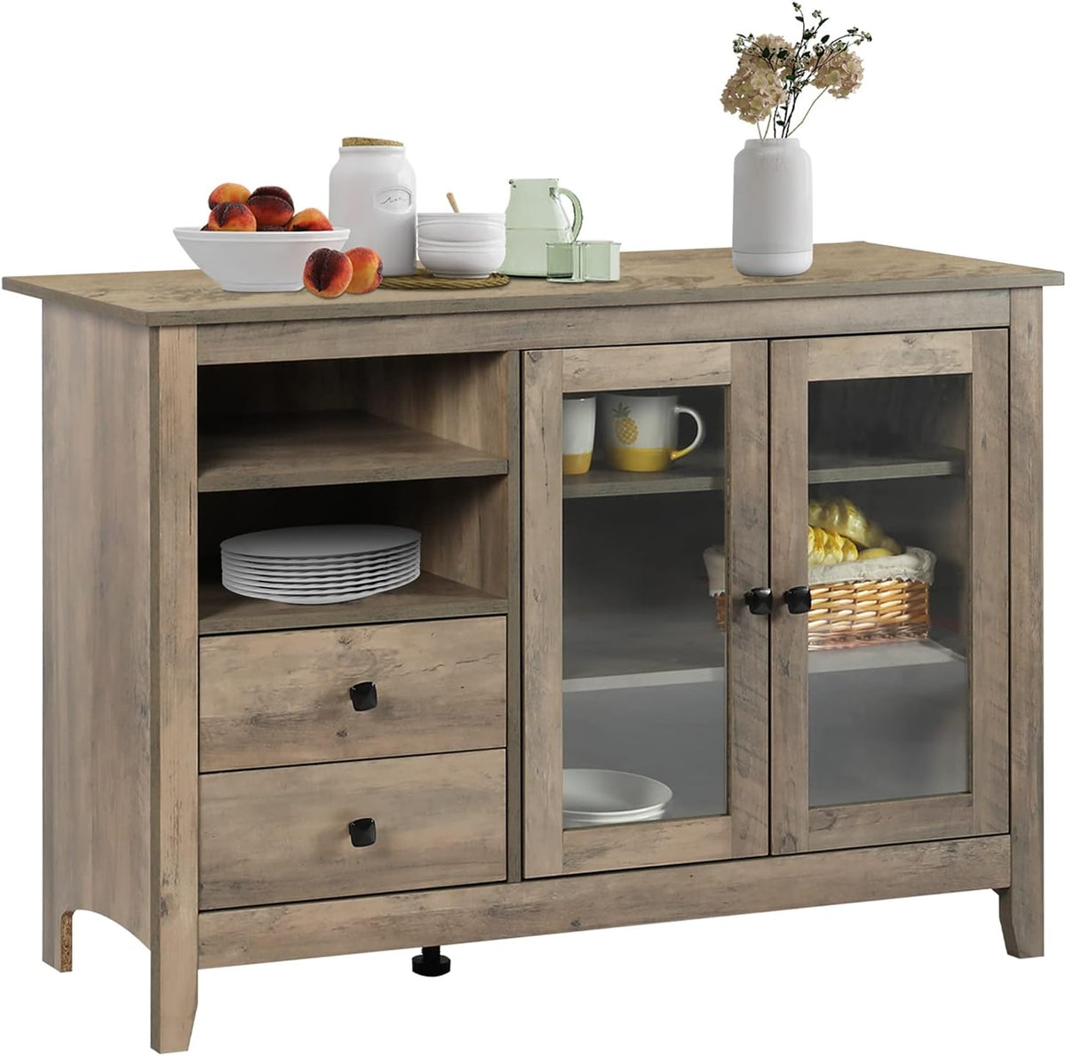Gray Wood Buffet Sideboard with Glass Doors K235698