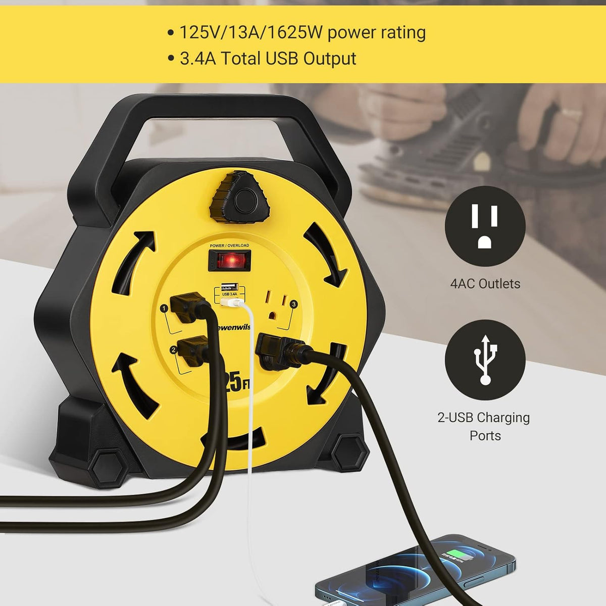25FT Retractable Extension Cord Reel with 4 Outlets and 2 USB Ports T609