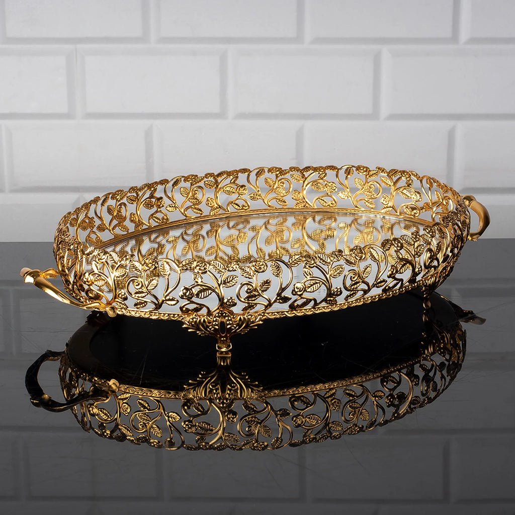 Metal Handmade Filigree Mirrored Tray, 17.3" x 10.2", Gold G18894