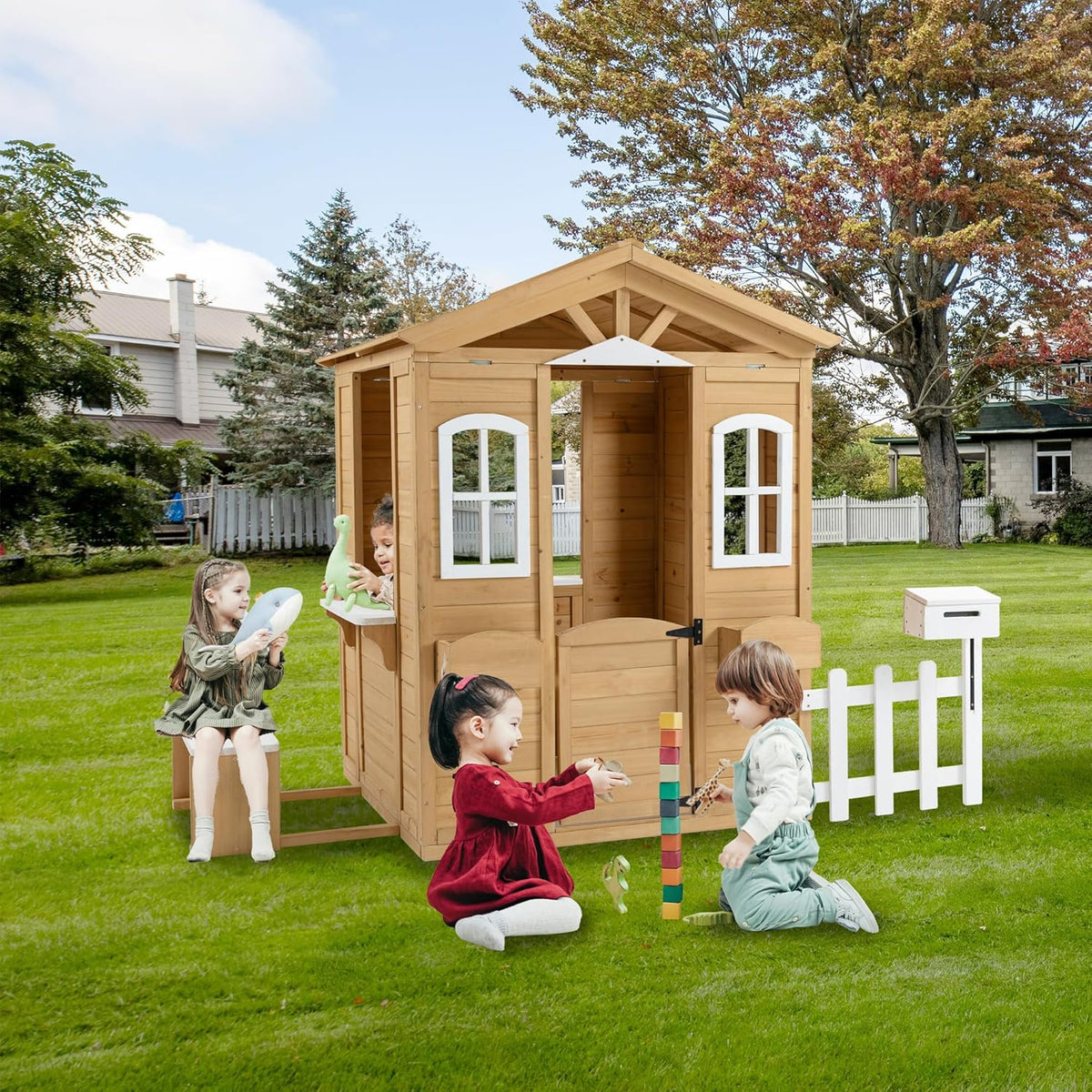 Wooden Playhouse with Door, Windows, Mailbox, Bench, Flowers Pot Holder, 39" x 38" x 55.5" Q183896