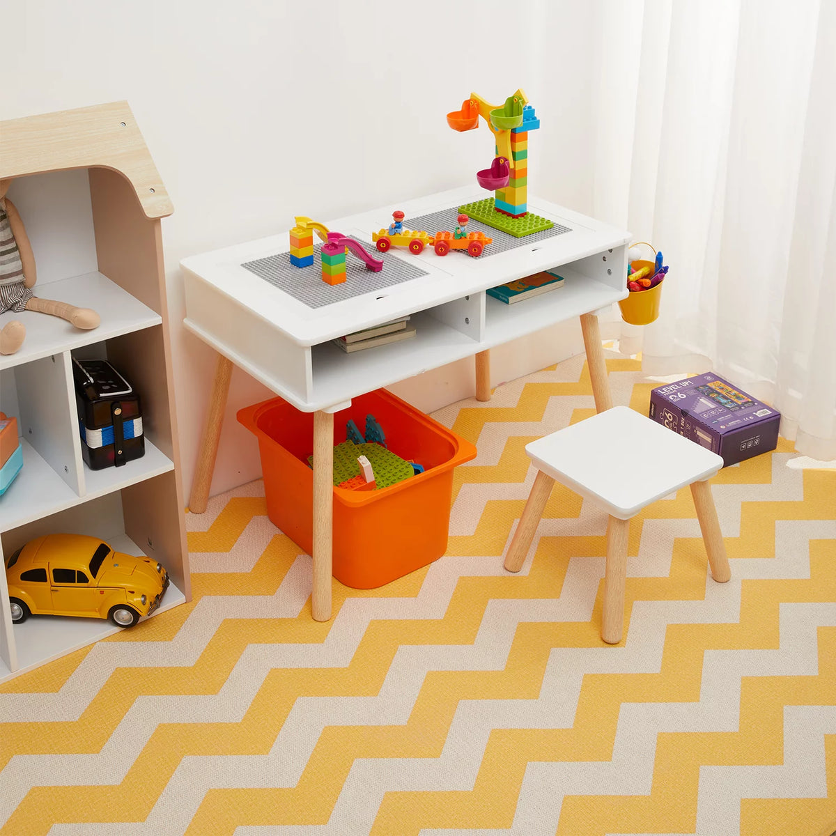 Kids Wooden Multi Activity Block Table and Stool Set, White Y213701