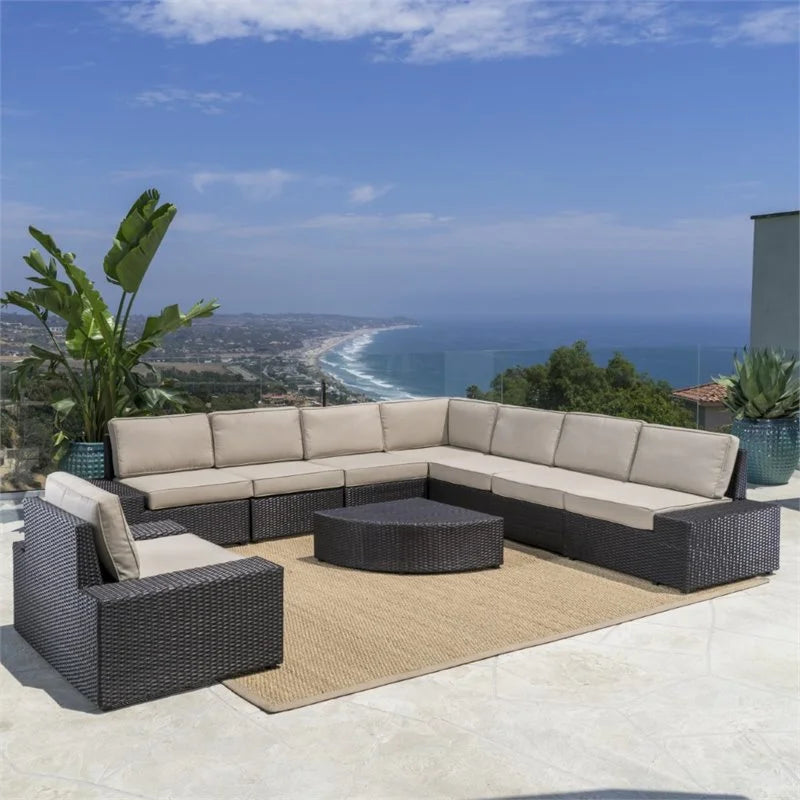9 Piece Outdoor Wicker Sectional Sofa Set in Dark Brown W30174