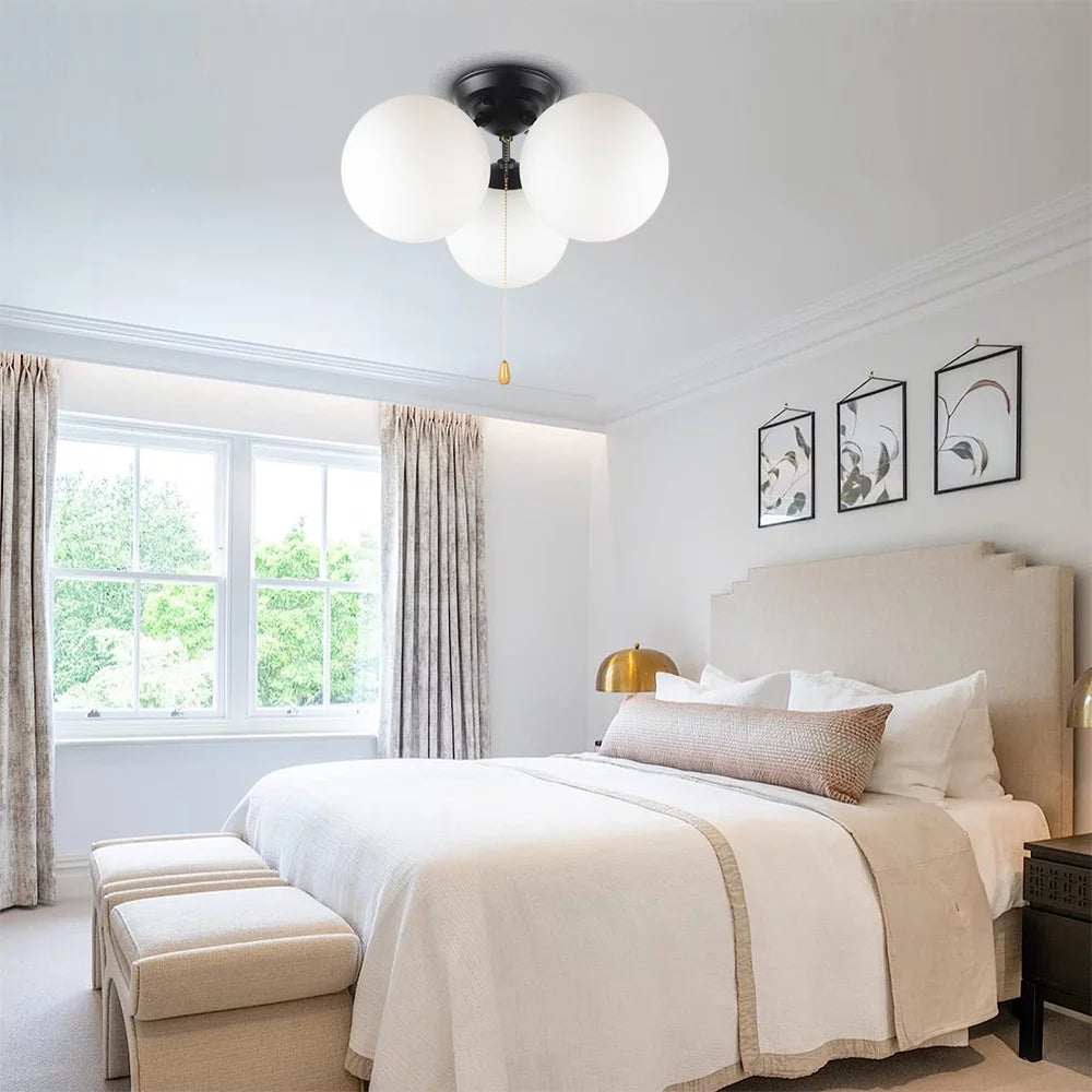 Modern Pull Chain Ceiling Light Fixture with White Glass Shades, Black Metal 3-Light N272