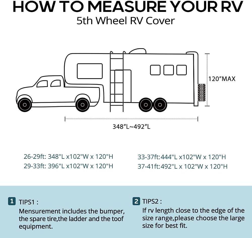 5th Wheel RV Cover, Extra-Thick 6-ply Camper Cover, Fits 26 - 29Ft Motorhome, Breathable Waterproof Rip-Stop Anti-UV, 2 Windproof Straps, 4 Tire Covers J6587