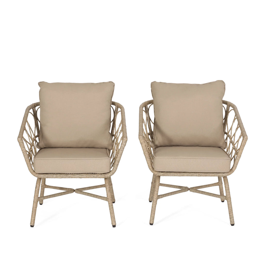 Light Brown and Beige Wicker Club Chairs with Cushions, Set of 2 K602