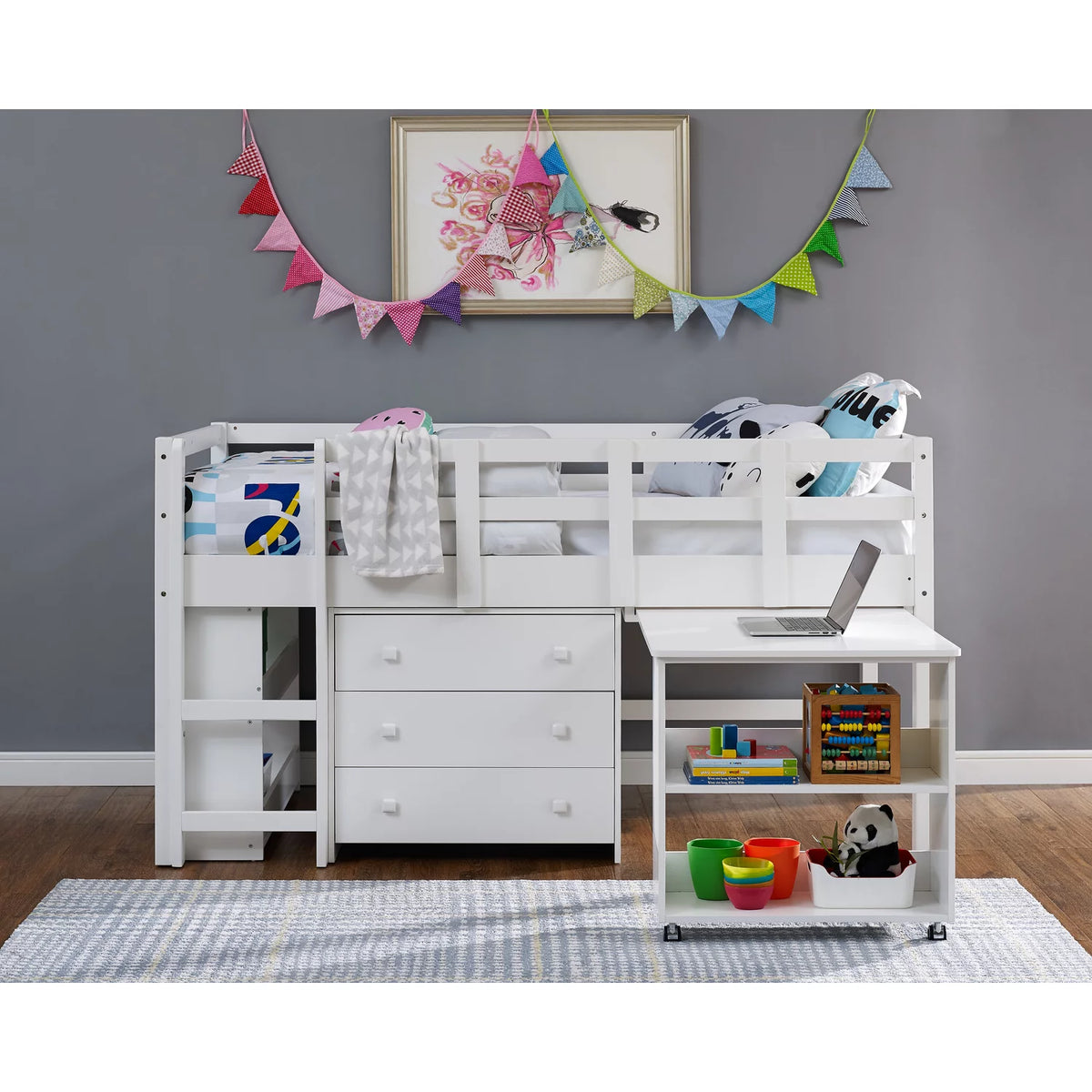 White Twin Size Low Loft Bed with Desk and Storage O8446