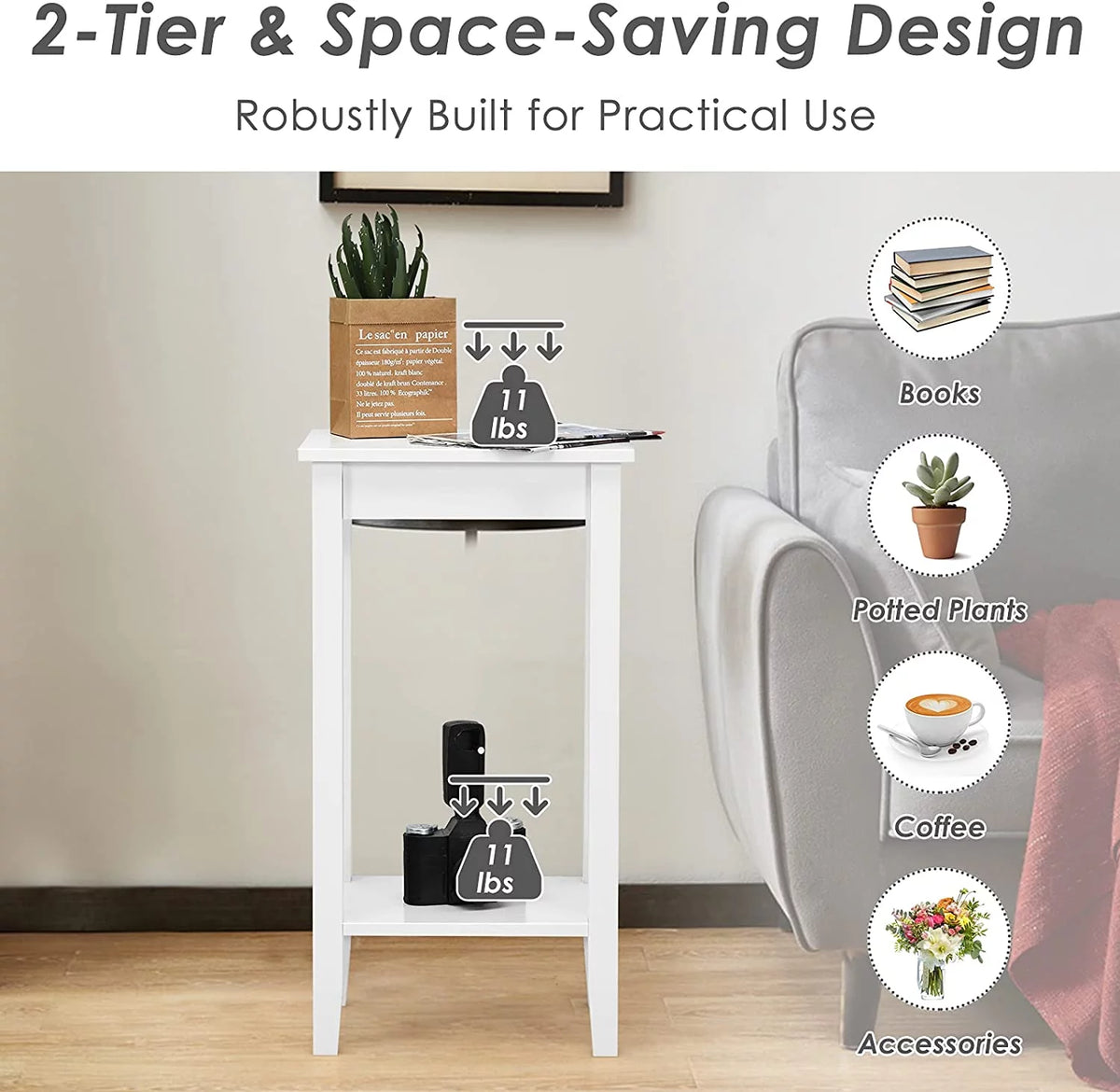 2-Tier End Table with Shelf and Wooden Legs, White V2753