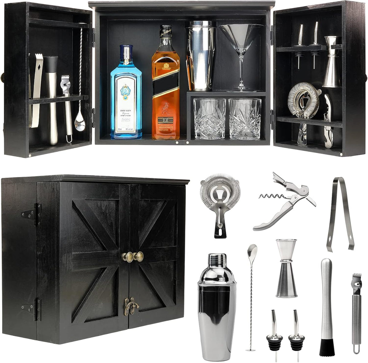 Rustic Brown Barndoor Bartender Cabinet with 12 Piece Bar Tool Set E8072