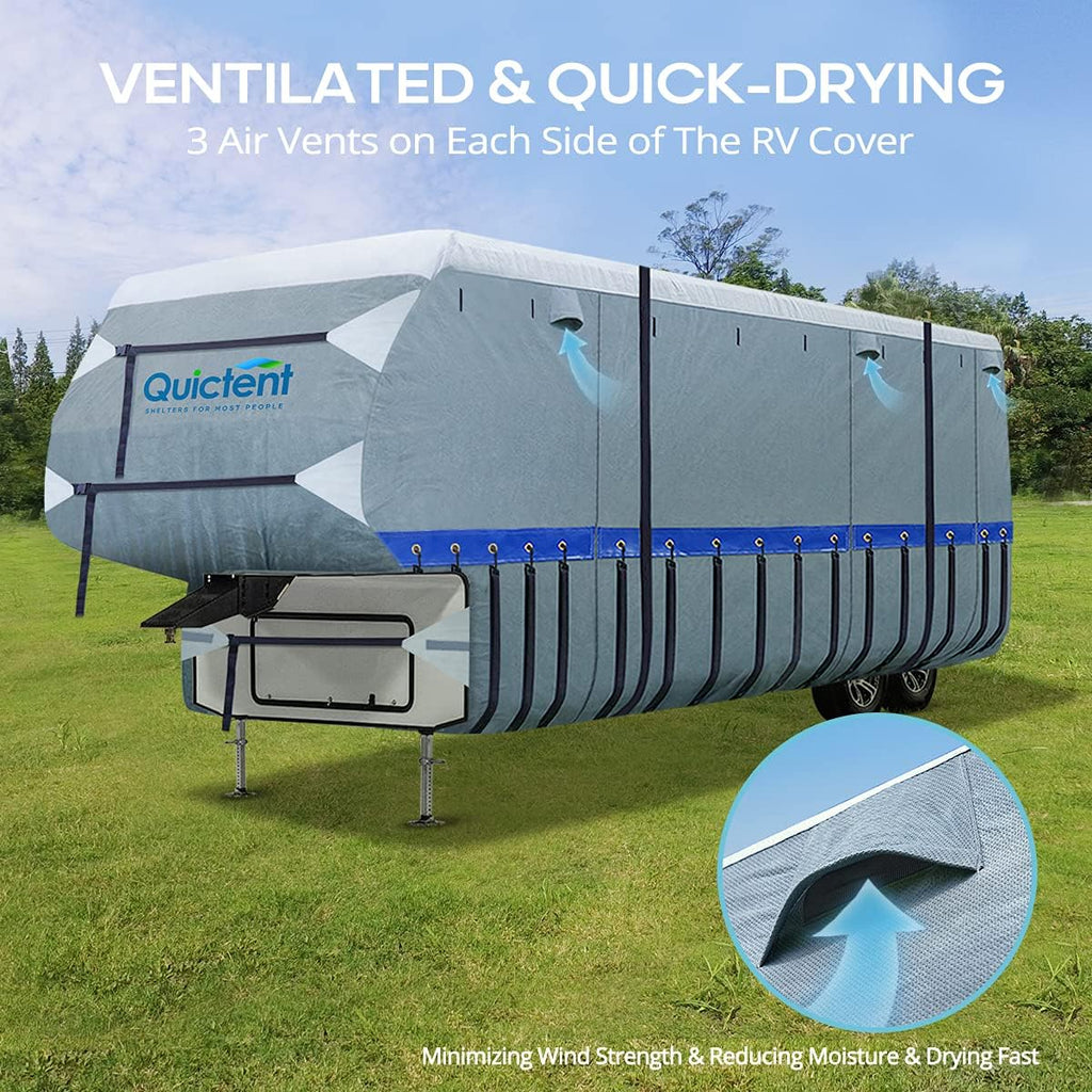 5th Wheel RV Cover, Extra-Thick 6-ply Camper Cover, Fits 26 - 29Ft Motorhome, Breathable Waterproof Rip-Stop Anti-UV, 2 Windproof Straps, 4 Tire Covers J6587