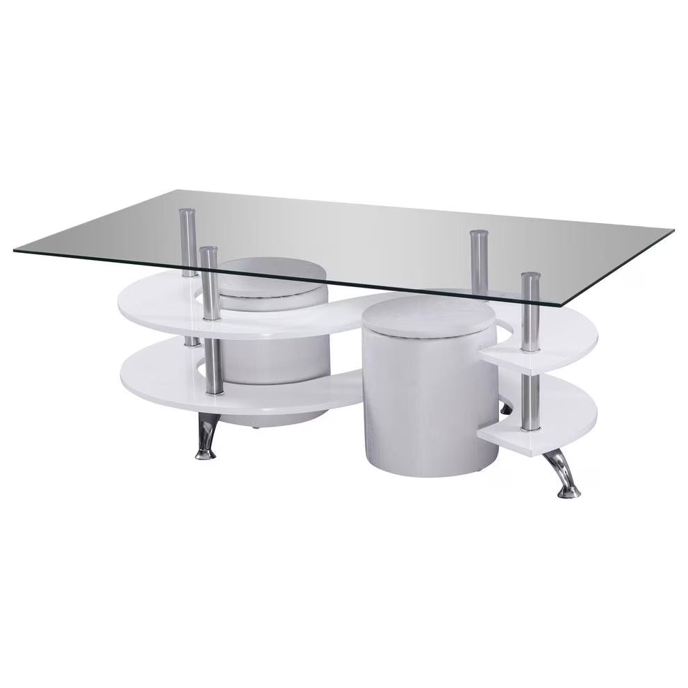 White High Gloss Lacquer Coffee Table with Glass Top and Faux Leather Stools P872006