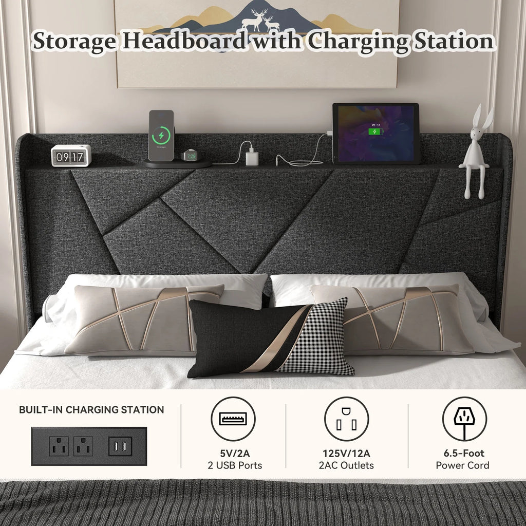 Queen Upholstered Platform Bed Frame with Wingback Storage Headboard E492420