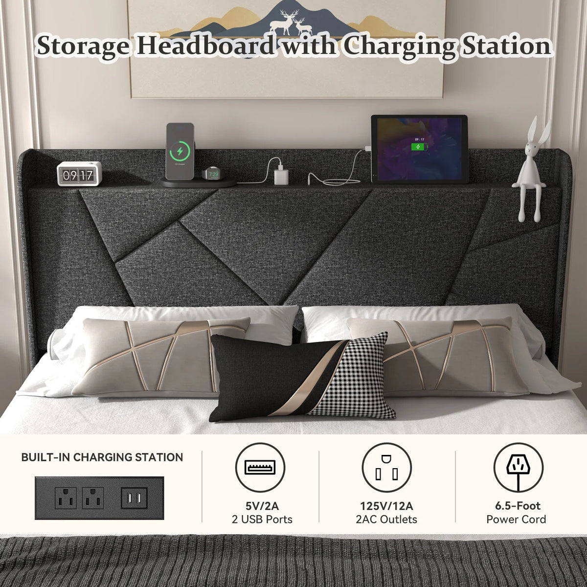 Queen Upholstered Platform Bed Frame with Wingback Storage Headboard E492420