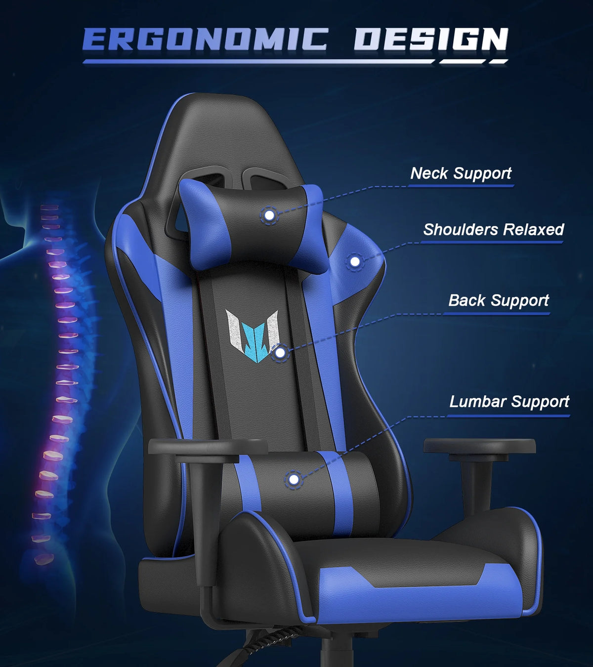 Blue Ergonomic Gaming Chair with Lumbar Support & Headrest U47410