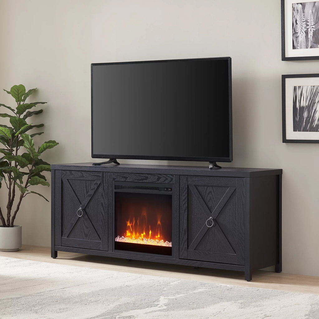 Black Rectangular TV Stand with Crystal Fireplace C3607