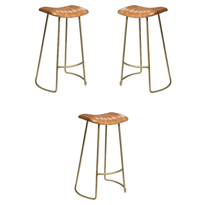 Brown and Gold Leather and Iron Bar Stool Set of 3 P9510