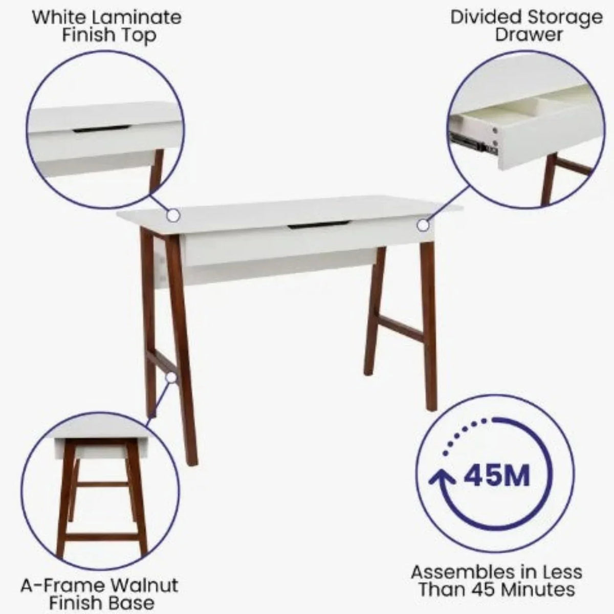 White and Walnut Computer Desk With Drawer J121898