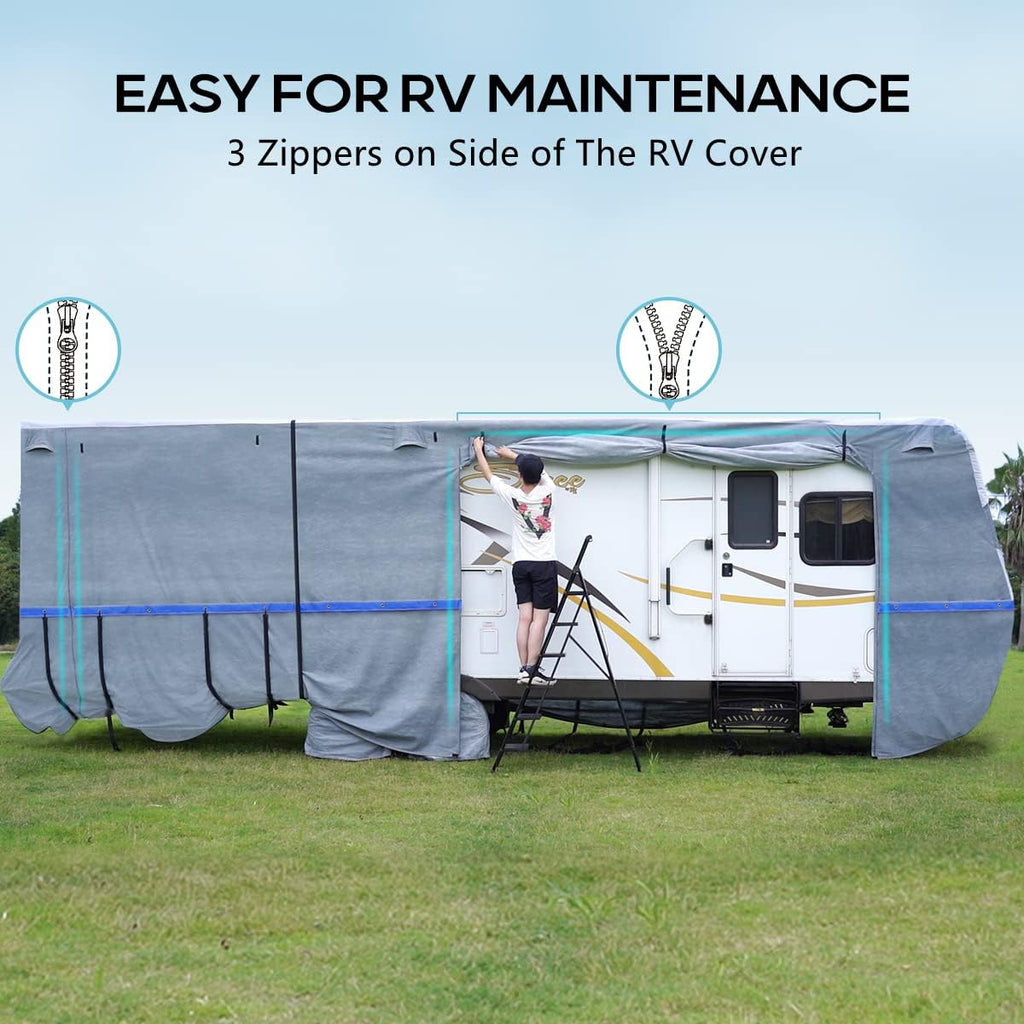 5th Wheel RV Cover, Extra-Thick 6-ply Camper Cover, Fits 26 - 29Ft Motorhome, Breathable Waterproof Rip-Stop Anti-UV, 2 Windproof Straps, 4 Tire Covers J6587