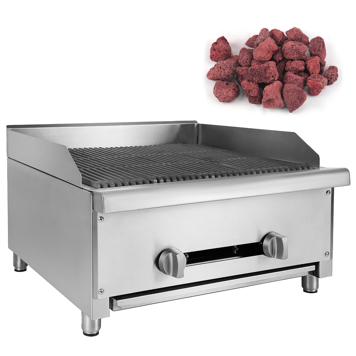 24" Commercial Natural Gas Lava Rock Charbroiler 2 Burners 56,000 BTU Stainless Steel Radiant Broiler Q82700