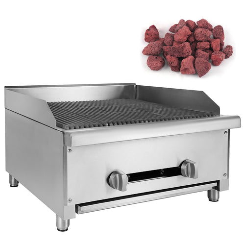 24" Commercial Natural Gas Lava Rock Charbroiler 2 Burners 56,000 BTU Stainless Steel Radiant Broiler Q82700