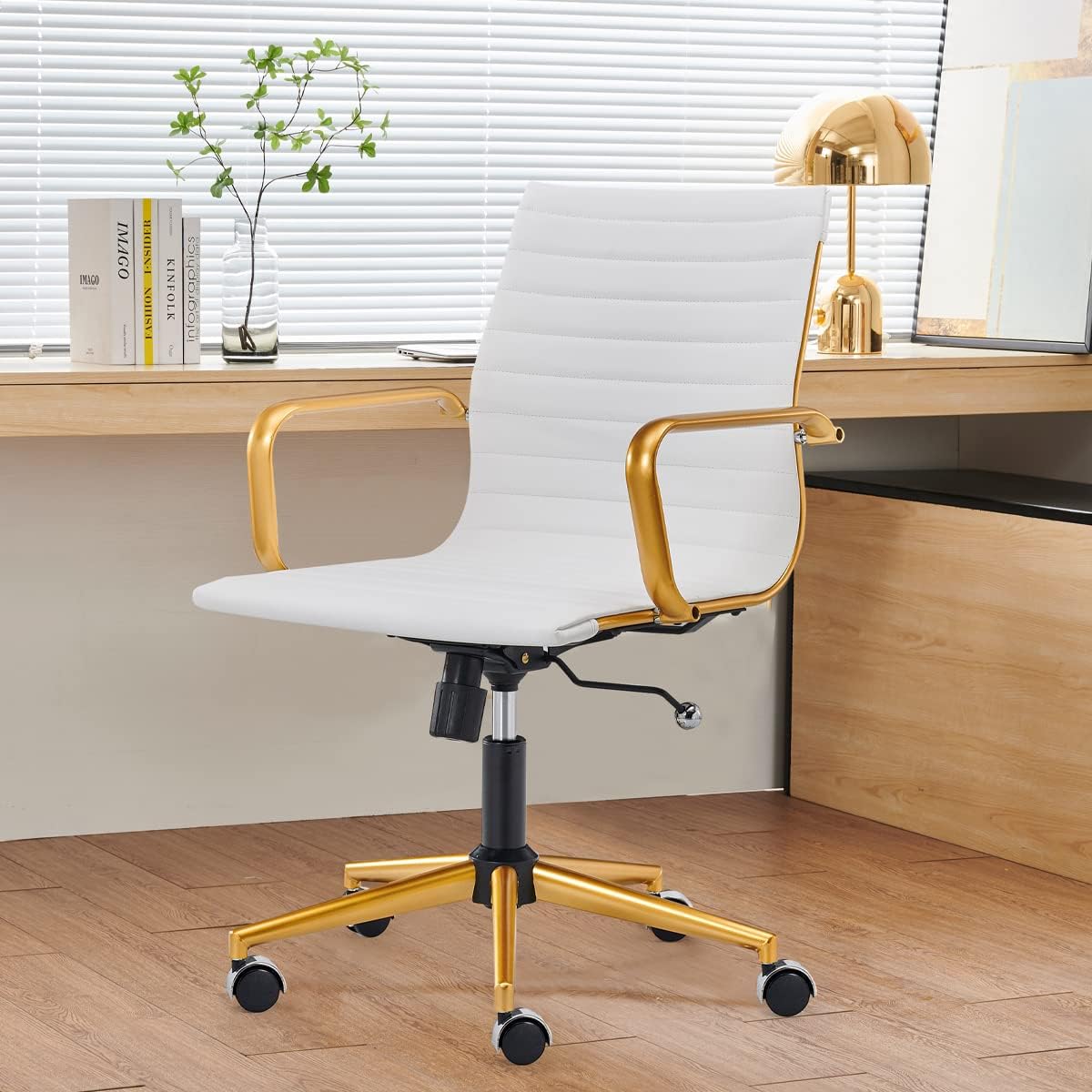 White Gold Swivel Desk Chair with Arms and Wheels N638618