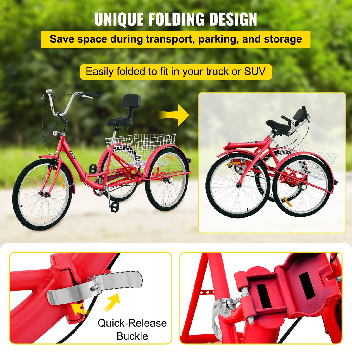 Foldable Tricycle 24 inch Wheels Red Trike with Basket Z8797
