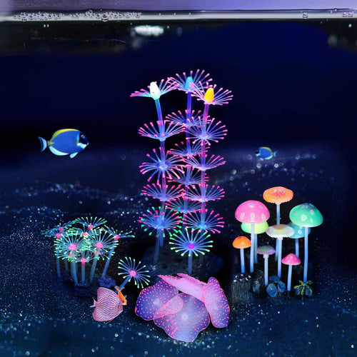 4 Pack Glow Aquarium Decorations Coral Reef Mushroom Anemone Plant W3046