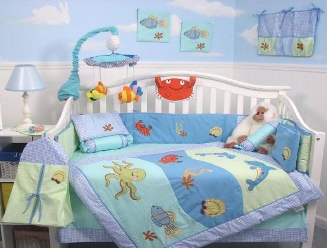 Dolphins Baby Crib Nursery Bedding Set 13 Pcs with Diaper Bag J235022