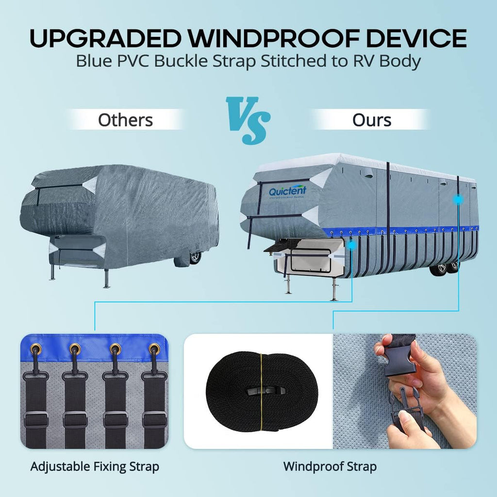 5th Wheel RV Cover, Extra-Thick 6-ply Camper Cover, Fits 26 - 29Ft Motorhome, Breathable Waterproof Rip-Stop Anti-UV, 2 Windproof Straps, 4 Tire Covers J6587