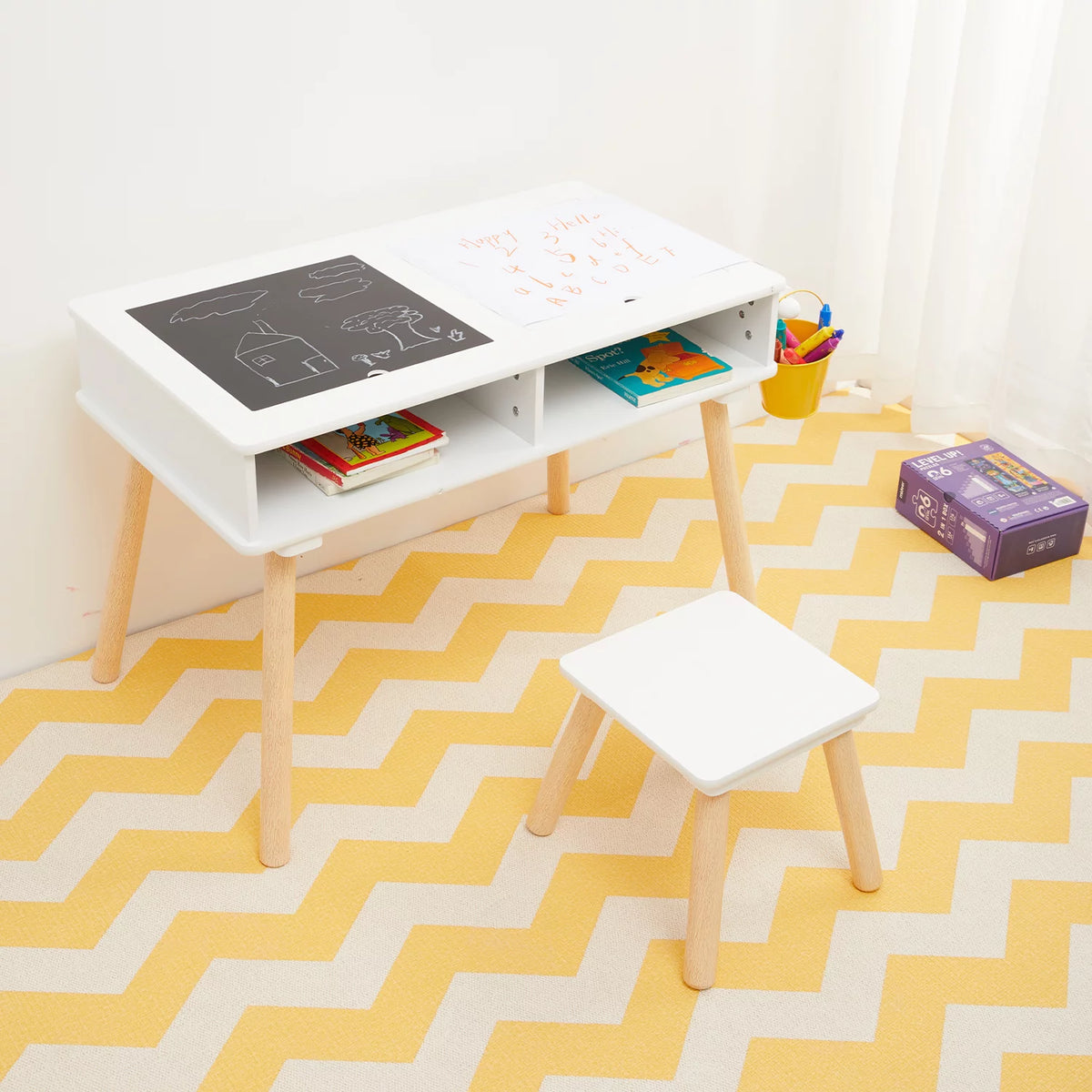 Kids Wooden Multi Activity Block Table and Stool Set, White Y213701