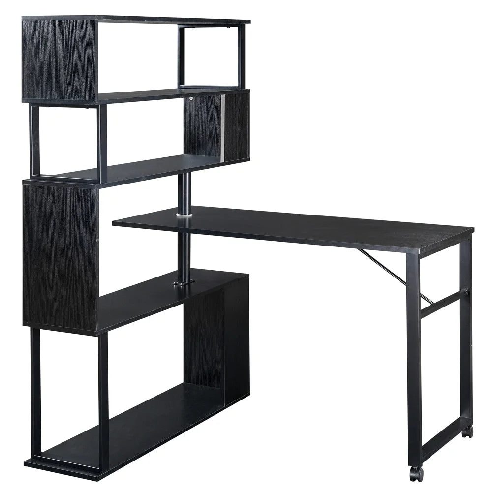L-Shaped Corner Computer Desk with 5-Tier Bookshelf Black D79773