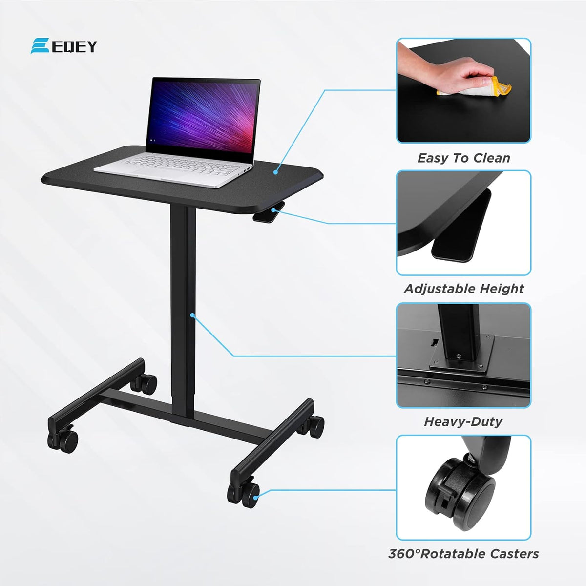 Rolling Laptop Desk with Locking Casters, Adjustable Height, Black M46500
