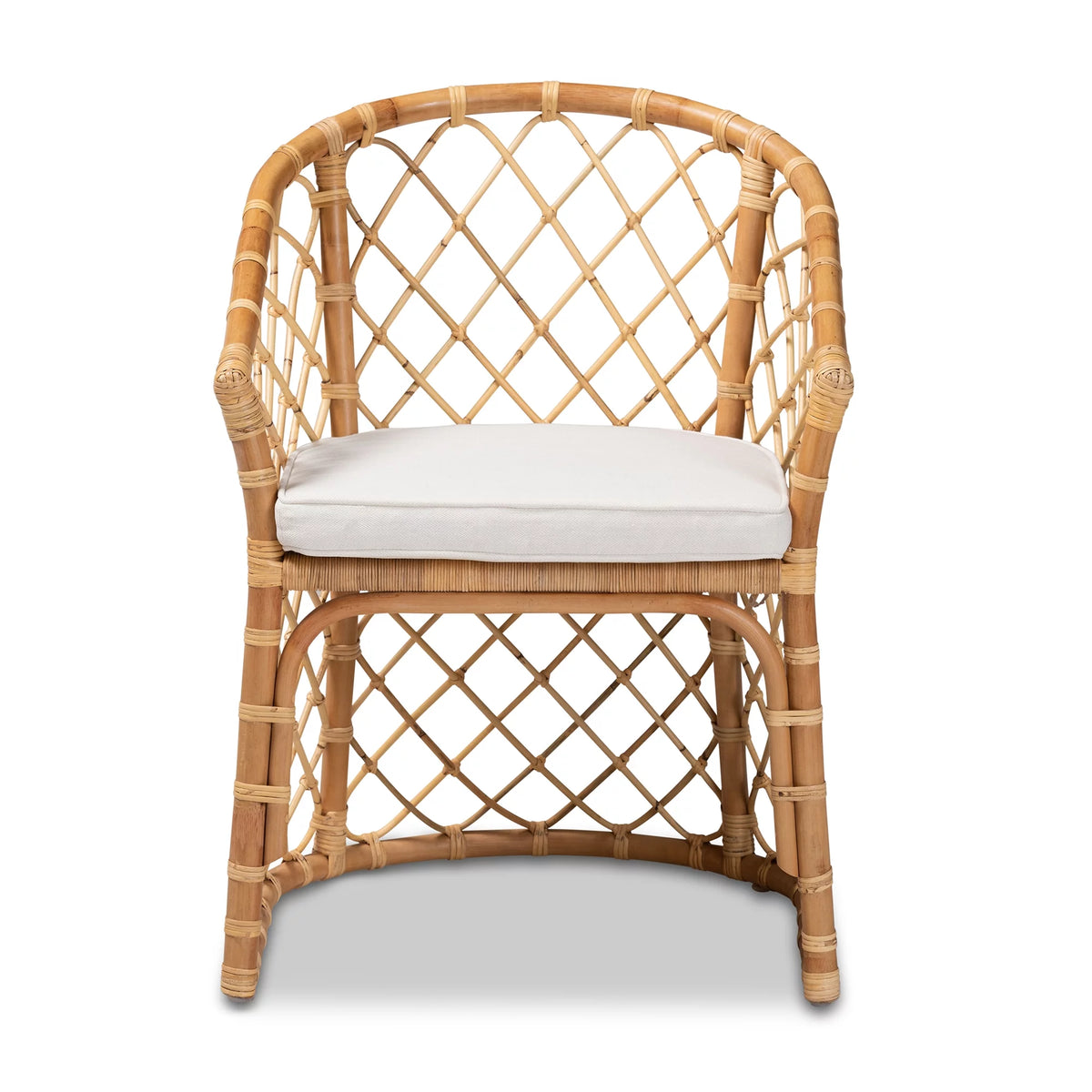 White Fabric Upholstered Natural Brown Rattan Dining Chair I4038
