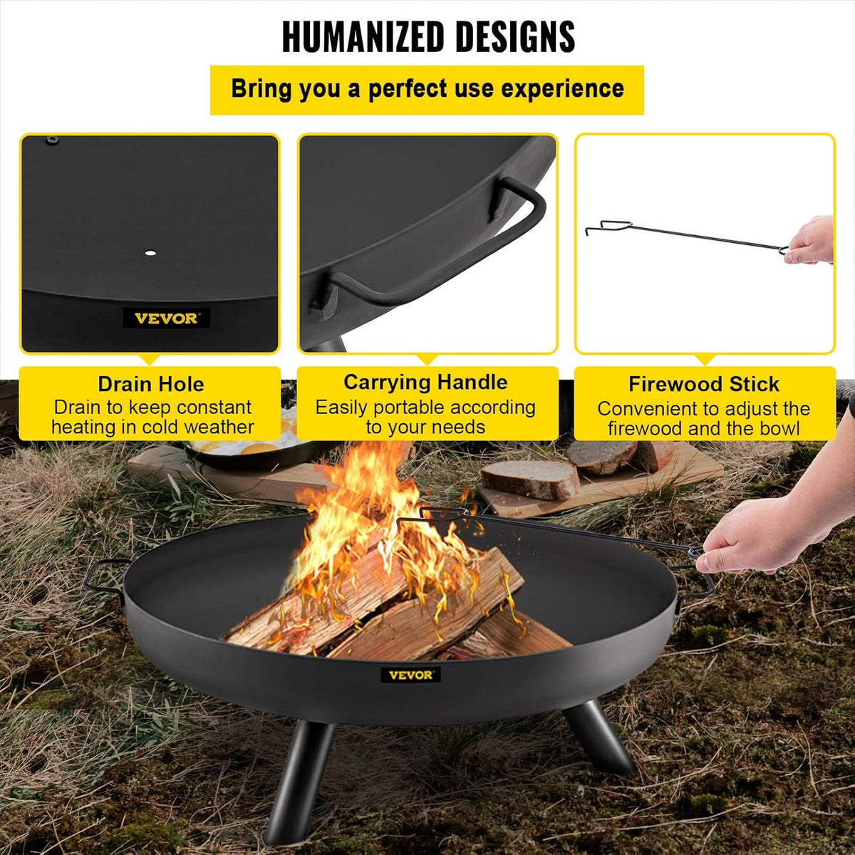 28-Inch Round Carbon Steel Fire Pit Bowl with Drain Hole and Handles C6138
