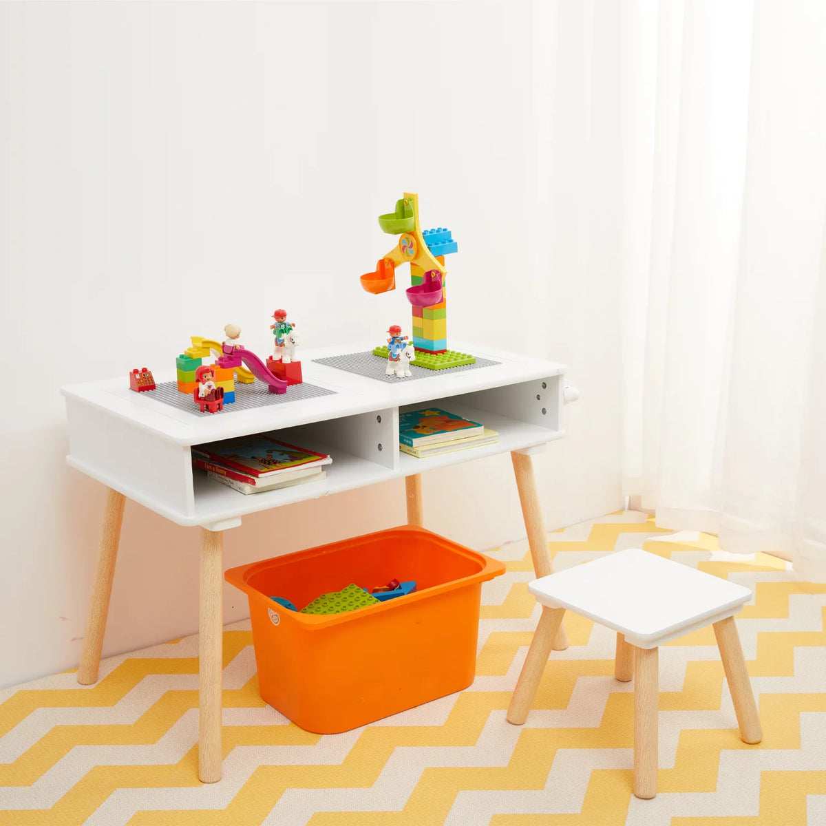 Kids Wooden Multi Activity Block Table and Stool Set, White Y213701