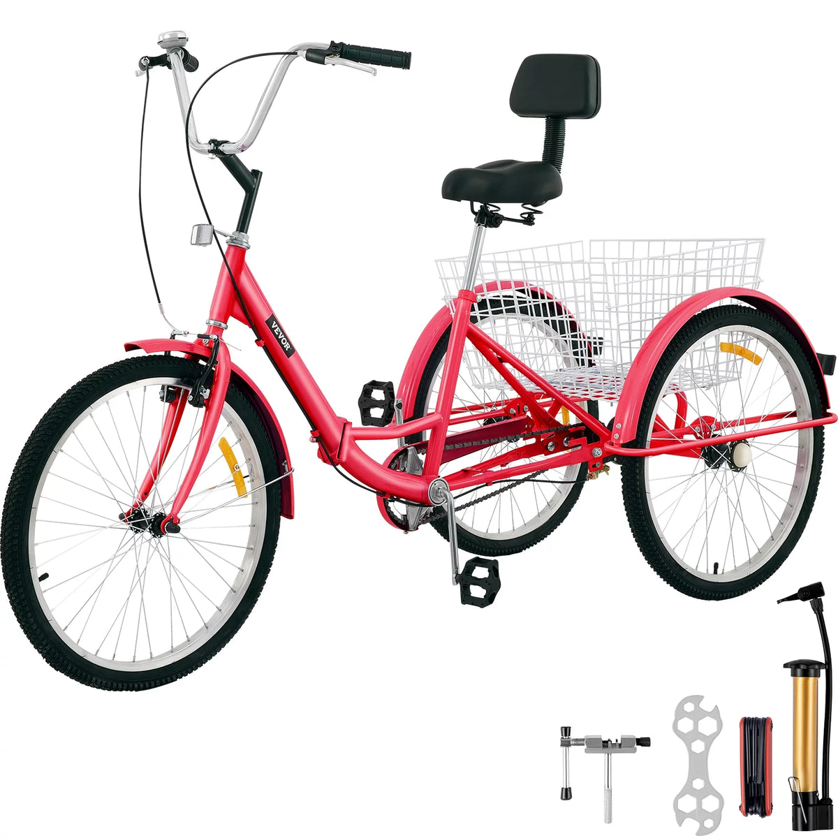 Foldable Tricycle 24 inch Wheels Red Trike with Basket Z8797