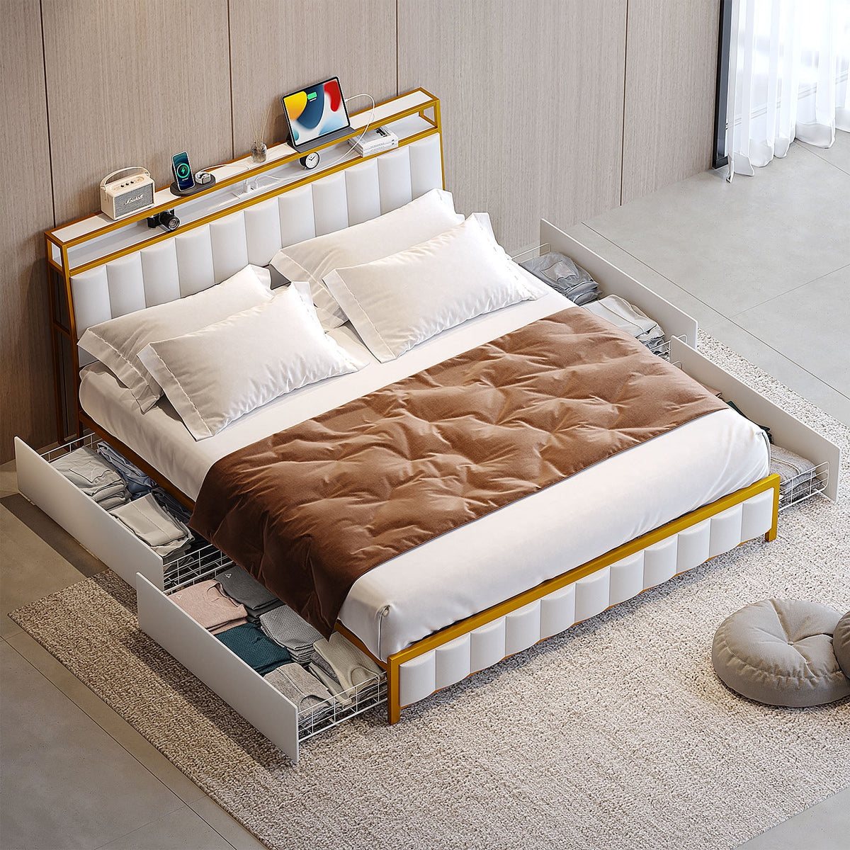 King Bed Frame with Faux Leather Upholstered Headboard and 4 Storage Drawers Q112