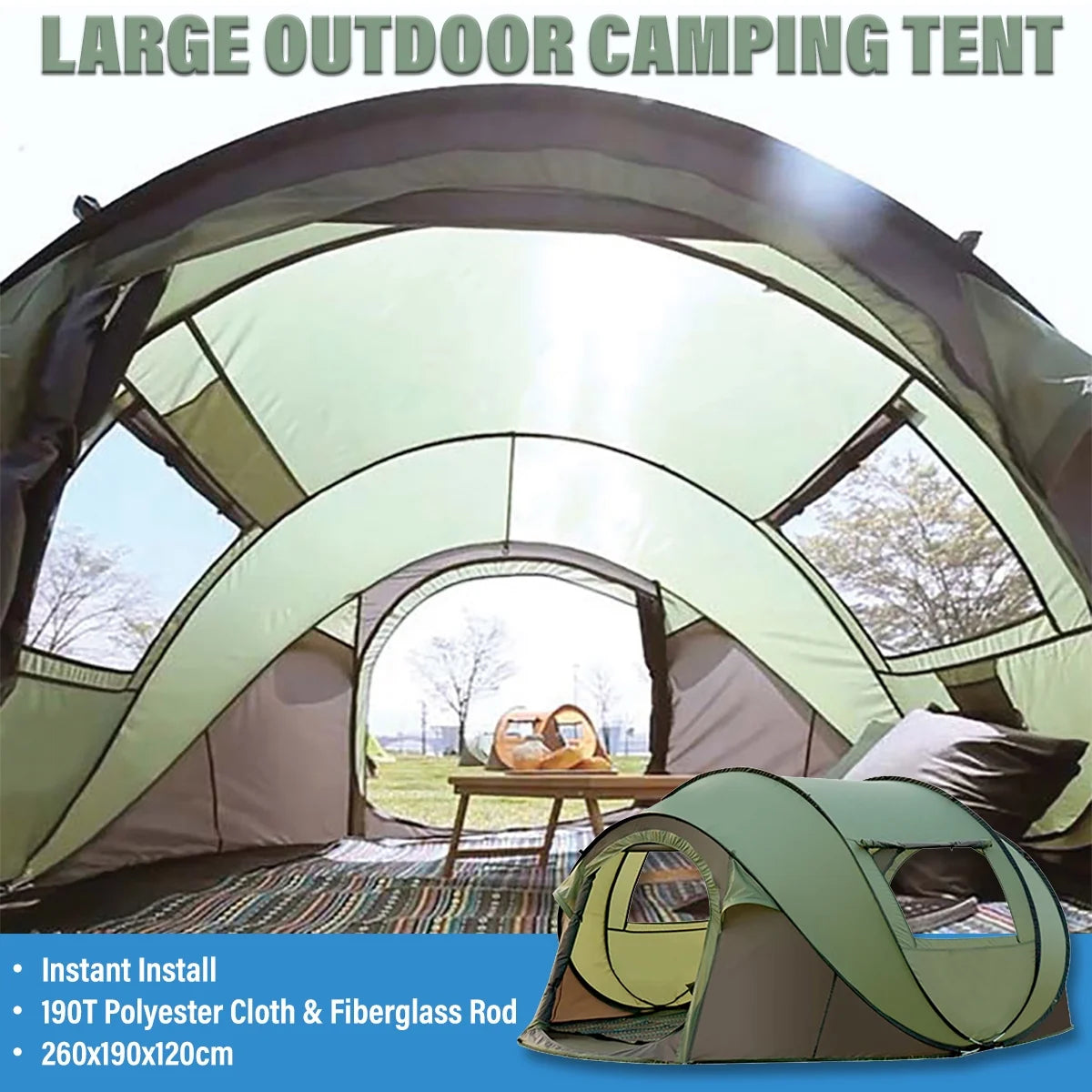 3-4 Person Waterproof Camping Tent, Dark Green M95445