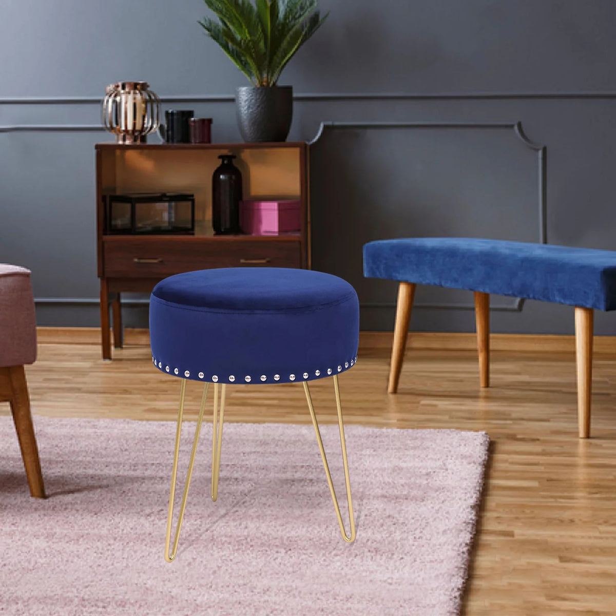 Round Modern Vanity Stool with Golden Metal Leg B750432